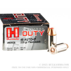 20 Rounds of .45 ACP +P Ammo by Hornady Critical Duty – 220gr JHP